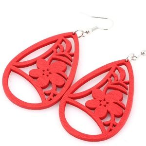 Red Wooden Earrings Flower Cut outs